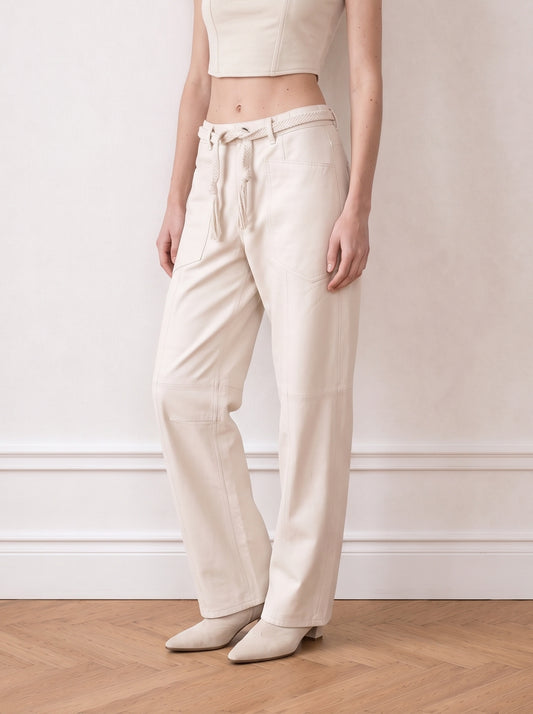 Belted barrel-leg leather trousers