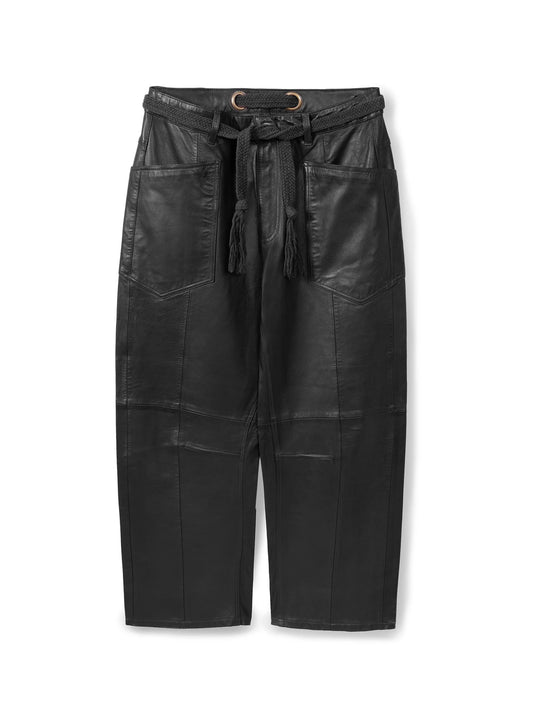 Belted barrel-leg leather trousers