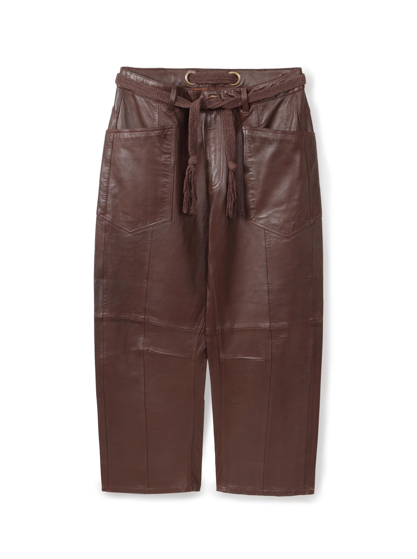 Belted barrel-leg leather trousers