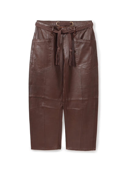 Belted barrel-leg leather trousers