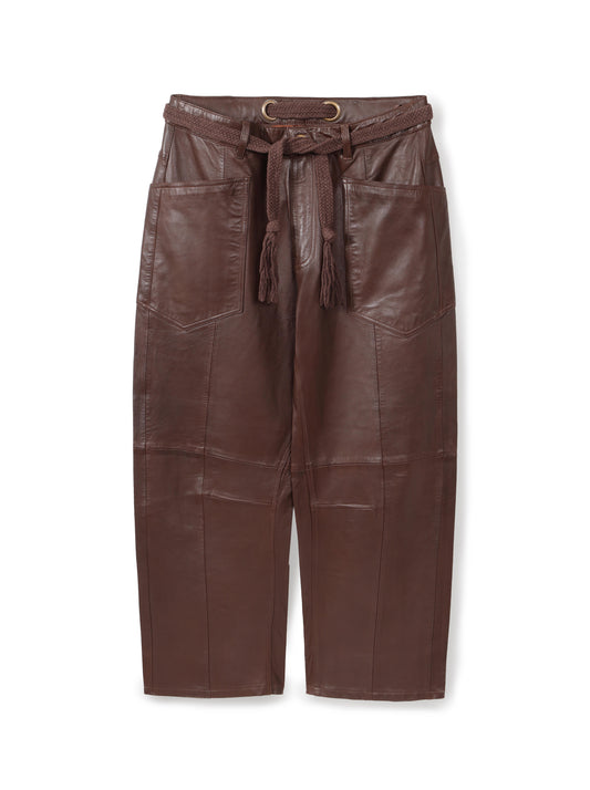 Belted barrel-leg leather trousers