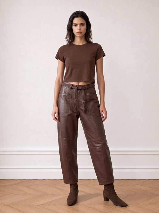 Belted barrel-leg leather trousers