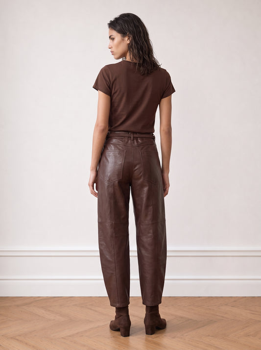 Belted barrel-leg leather trousers