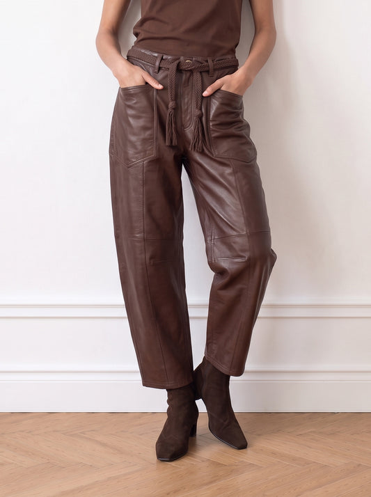 Belted barrel-leg leather trousers