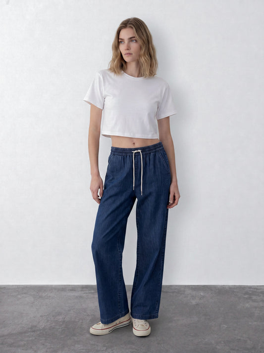 Embroidered elastic-waist trousers