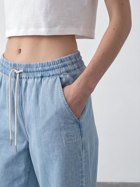 Embroidered elastic-waist trousers