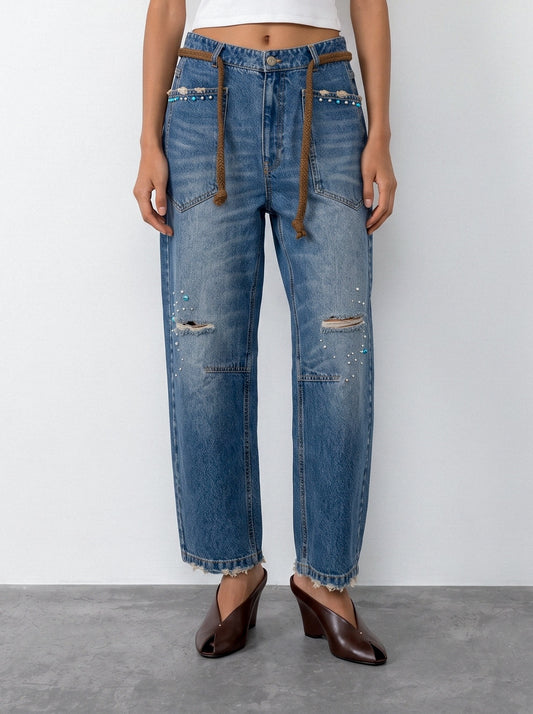 Studded Barrel-leg Jeans