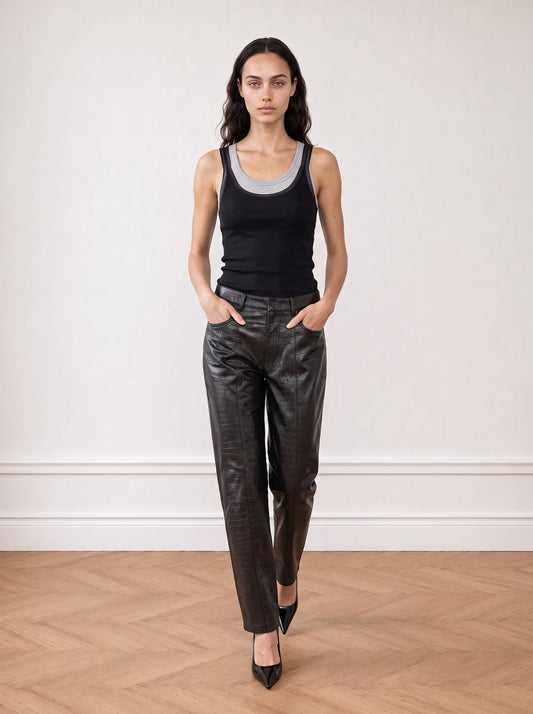 Crocodile-effect leather trousers