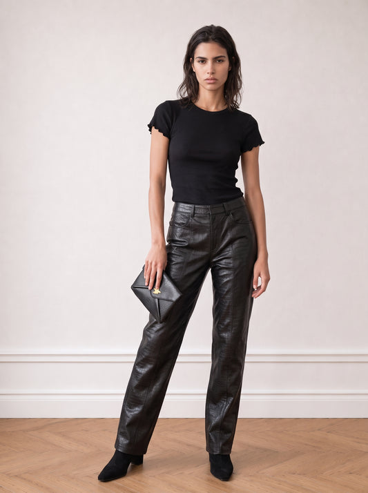 Crocodile-effect leather trousers