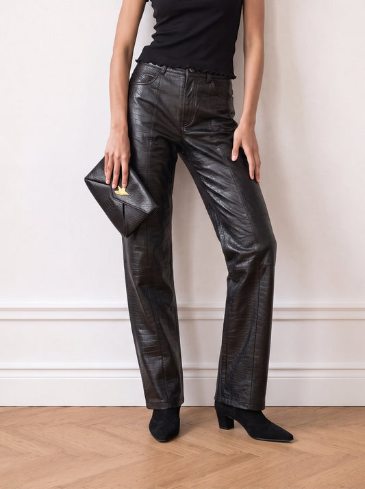 Crocodile-effect leather trousers