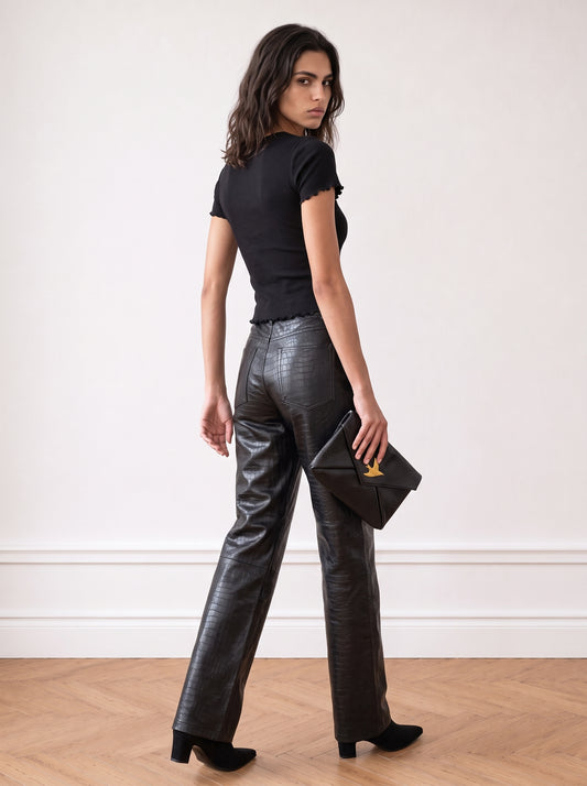 Crocodile-effect leather trousers