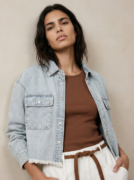 Cropped button-up denim shirt