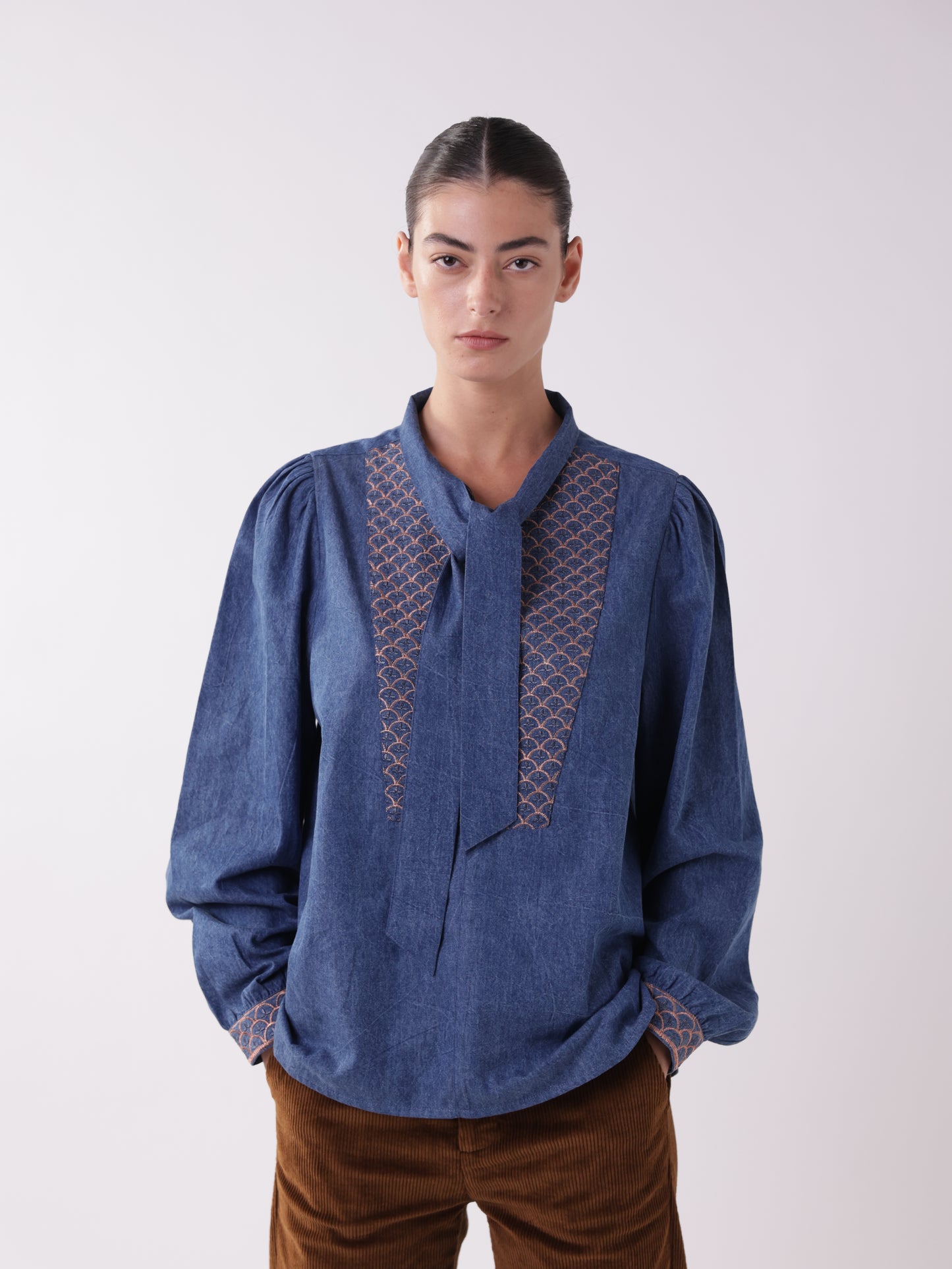 Embroidered Denim Tie Shirt