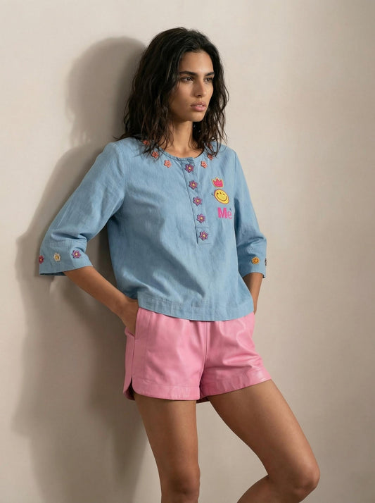 Lily Embroidered Boxy Denim Shirt