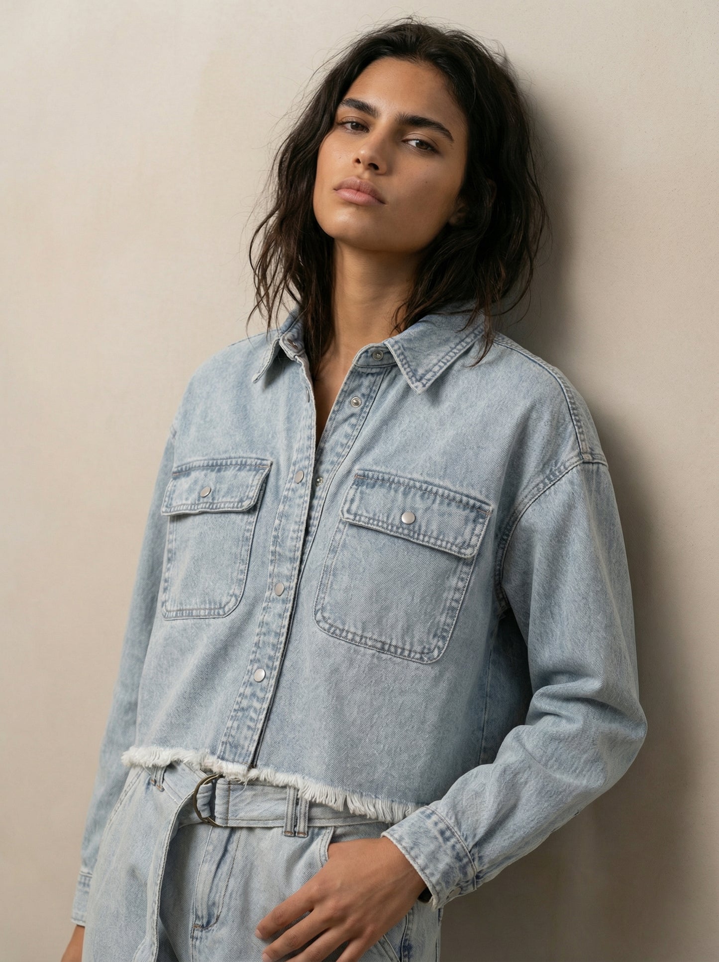 Cropped button-up denim shirt