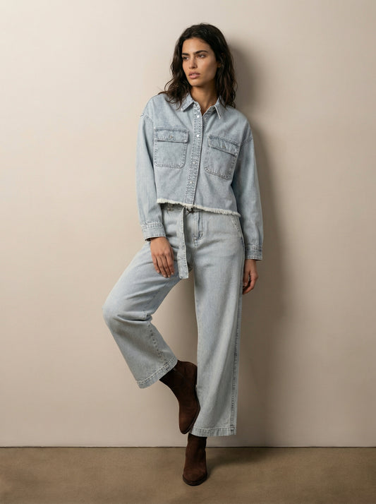 Cropped button-up denim shirt