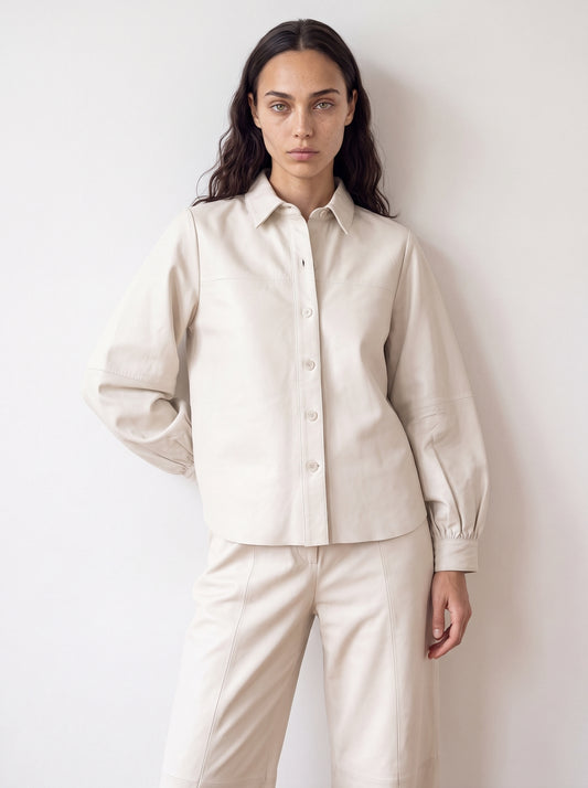 Leather shirt with balloon sleeves