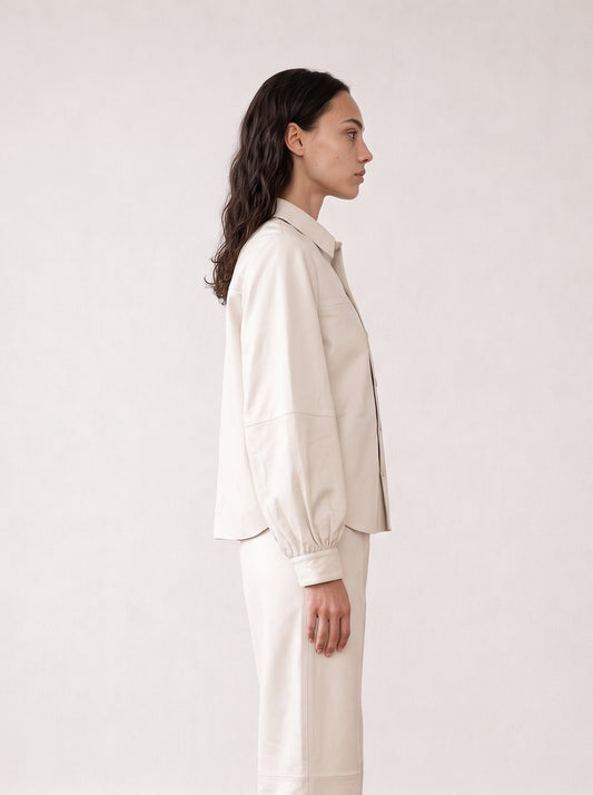 Leather shirt with balloon sleeves