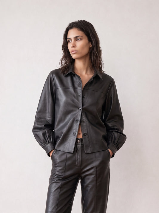 Leather shirt with balloon sleeves
