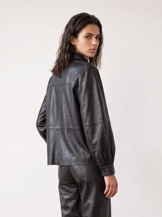 Leather shirt with balloon sleeves