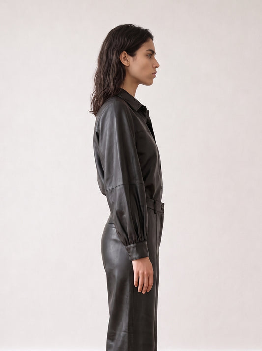 Leather shirt with balloon sleeves