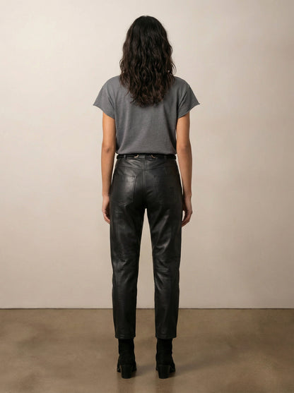 Barrel leather pants with a belt