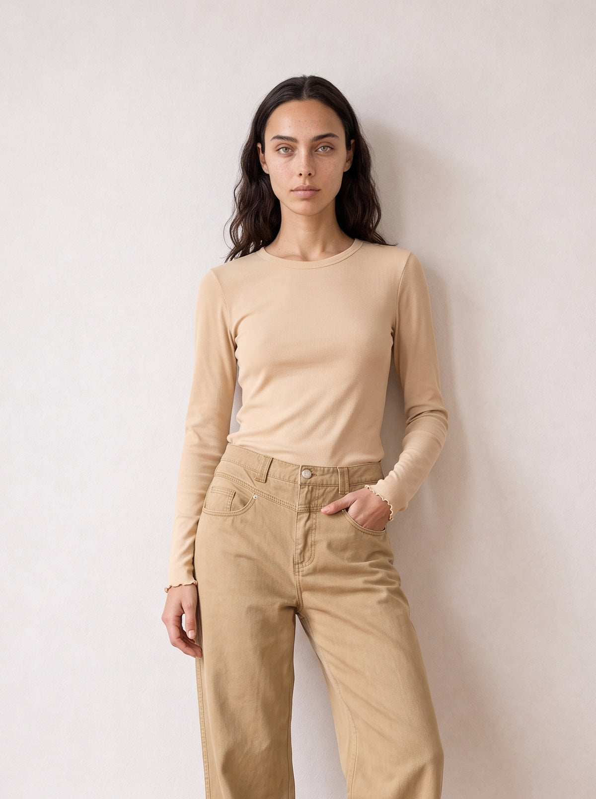 Long-sleeve top with tulle trim