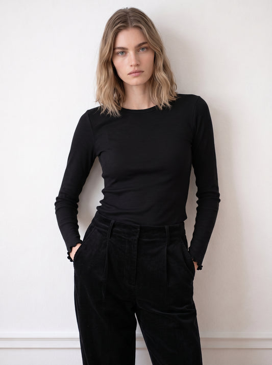Long-sleeve top with tulle trim