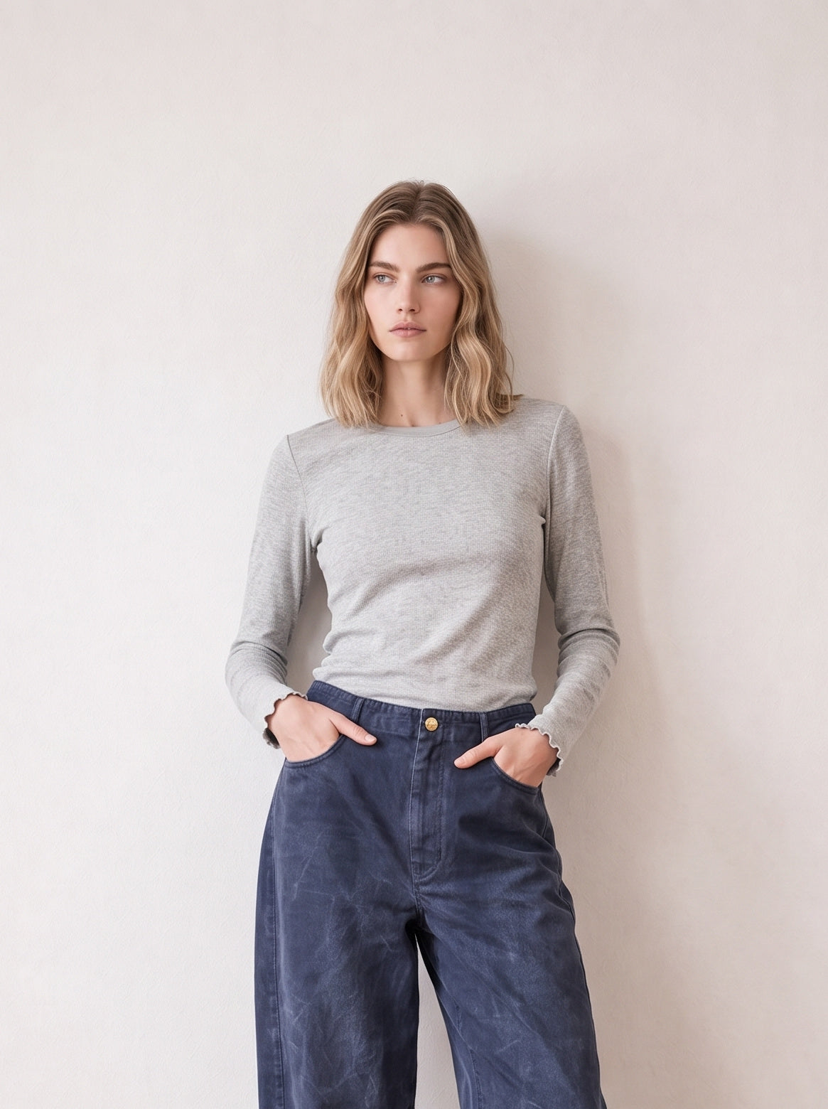 Long-sleeve top with tulle trim