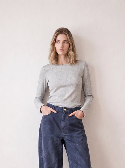 Long-sleeve top with tulle trim