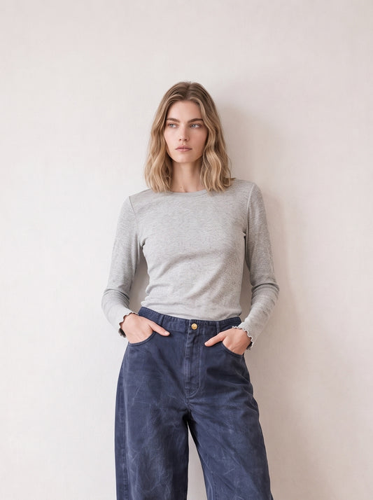 Long-sleeve top with tulle trim