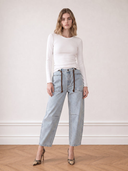 Long-sleeve top with tulle trim