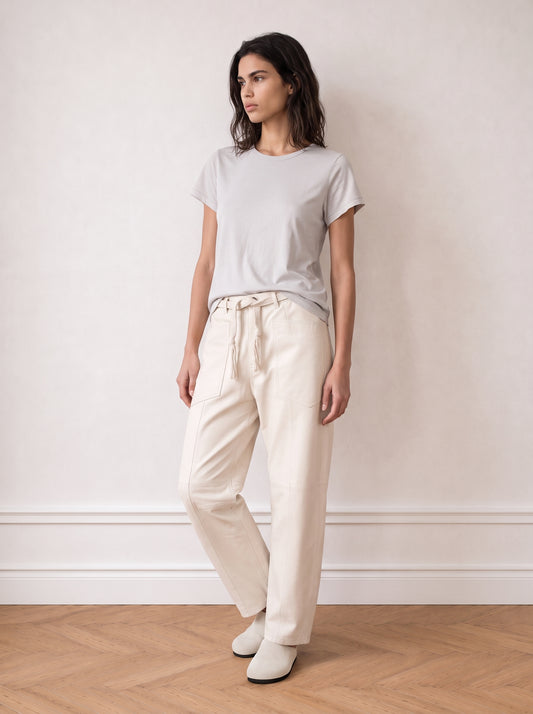Belted barrel-leg leather trousers